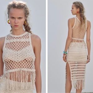 New Zara Ecru Macrame Fringe Top Small 1014/504 Bloggers Fav